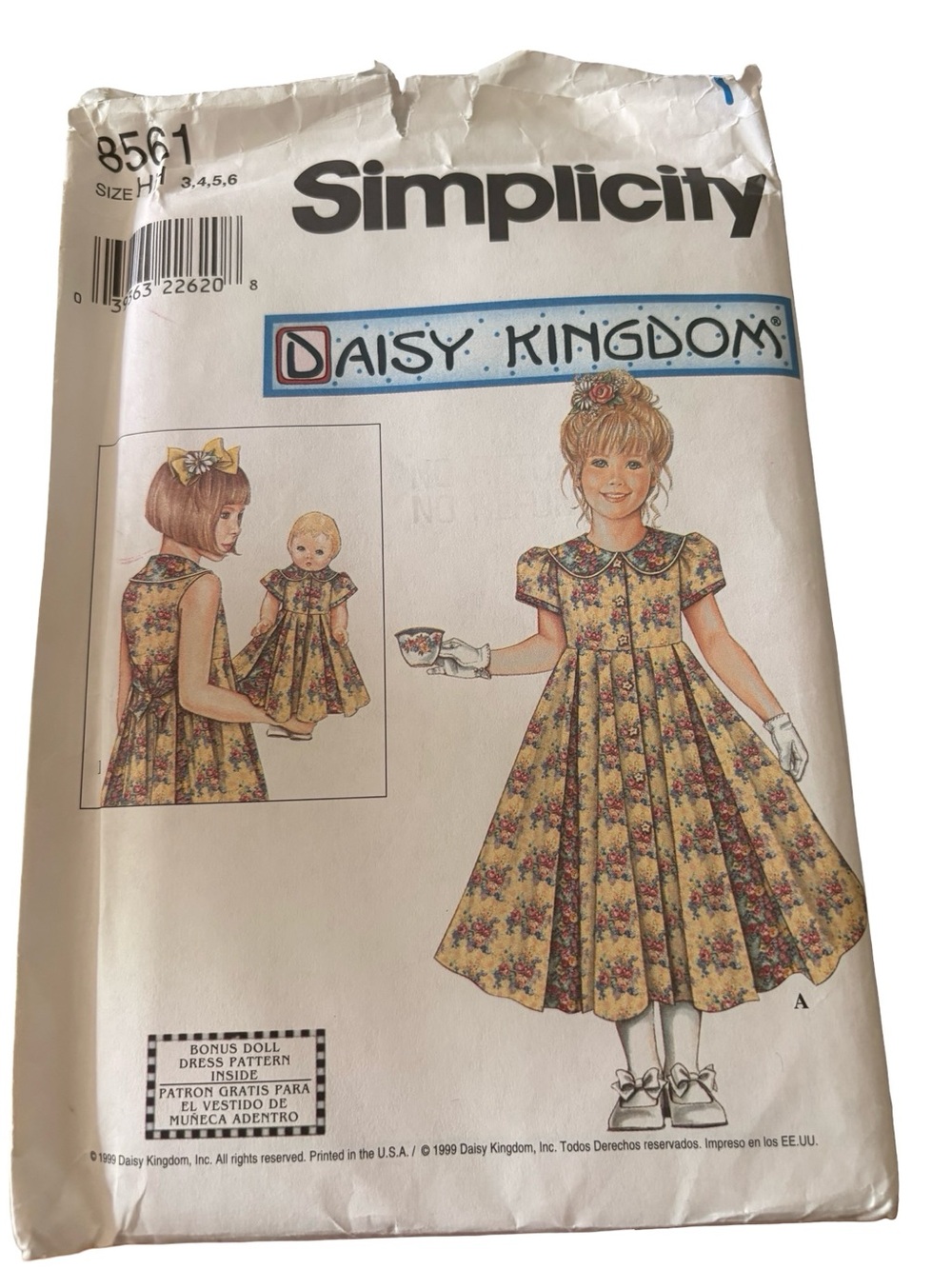 Vintage 1999 Simplicity 8561 Daisy Kingdom Sewing Pattern dress + doll 3-6 UNCUT